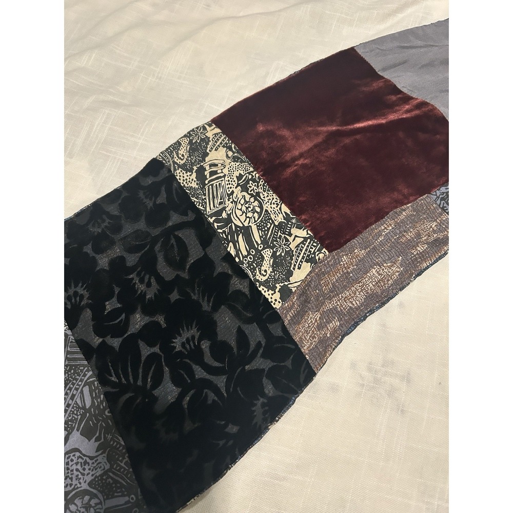 Vintage 90s Burnout Velvet & Silk Patchwork Scarf Fringed 57"x10" Boho Luxury - Picture 9 of 13